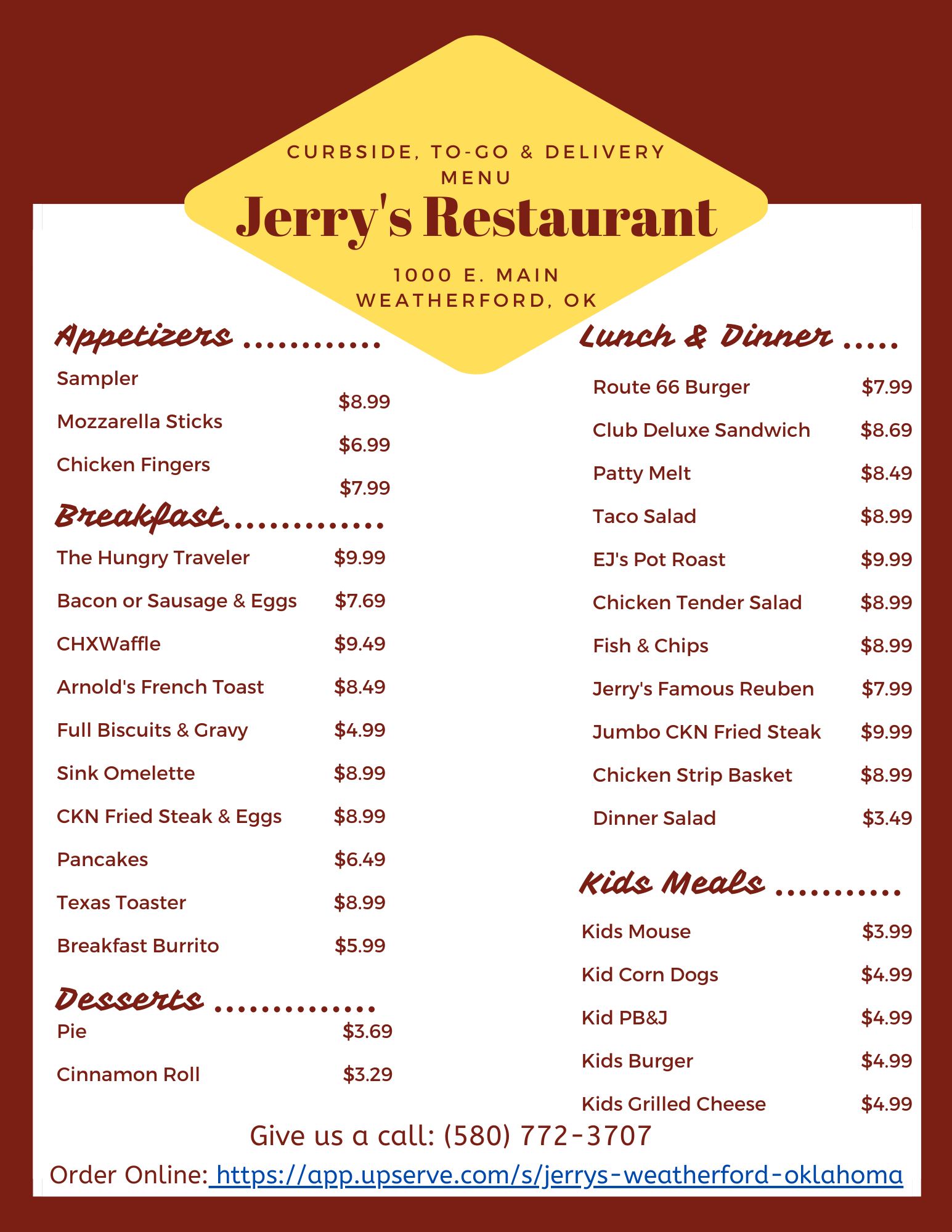 Jerrys Restaurant Menu