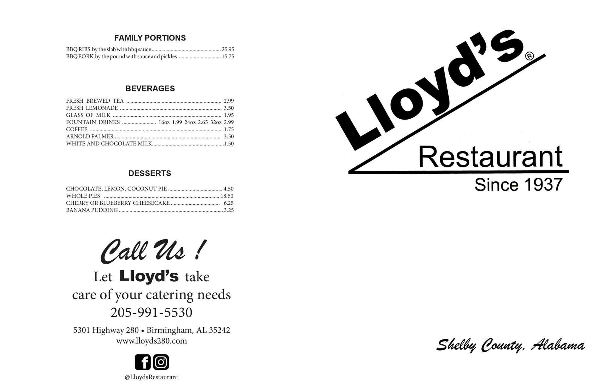 Lloyds Restaurant Menu