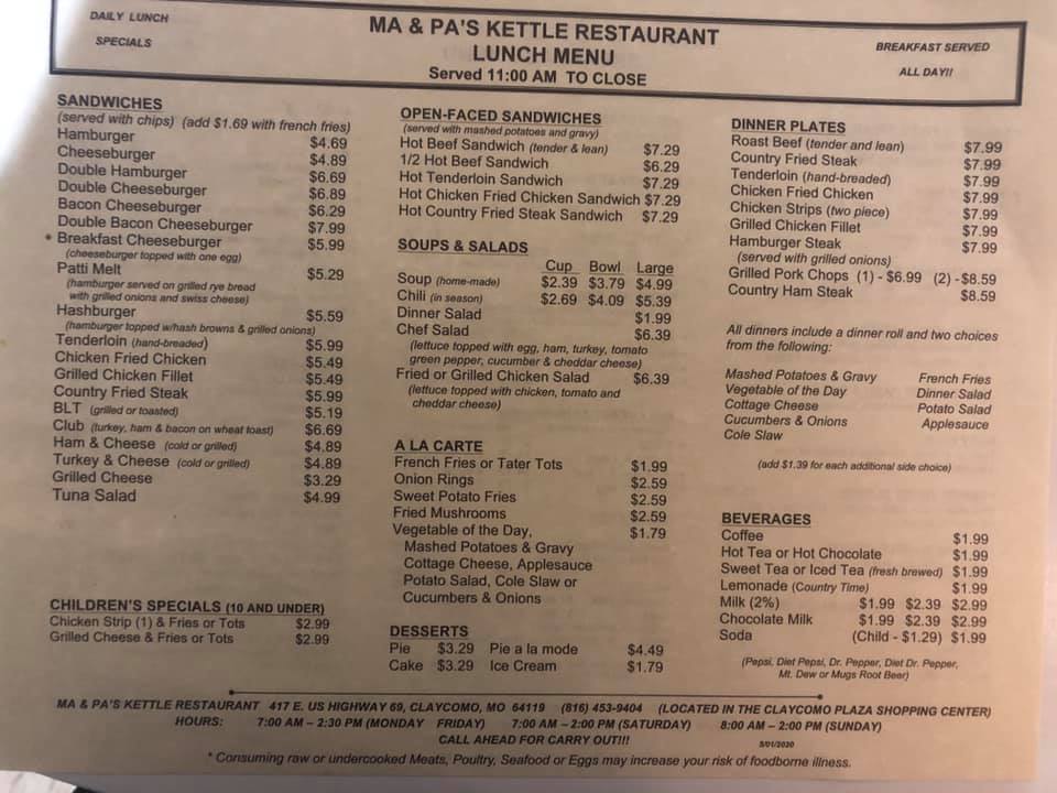 Ma & Pas Kettle Restaurant Menu