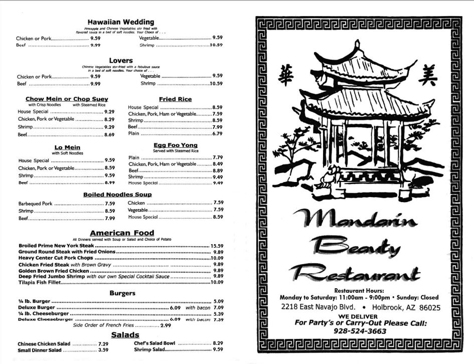 Madarin Beauty Restaurant Menu