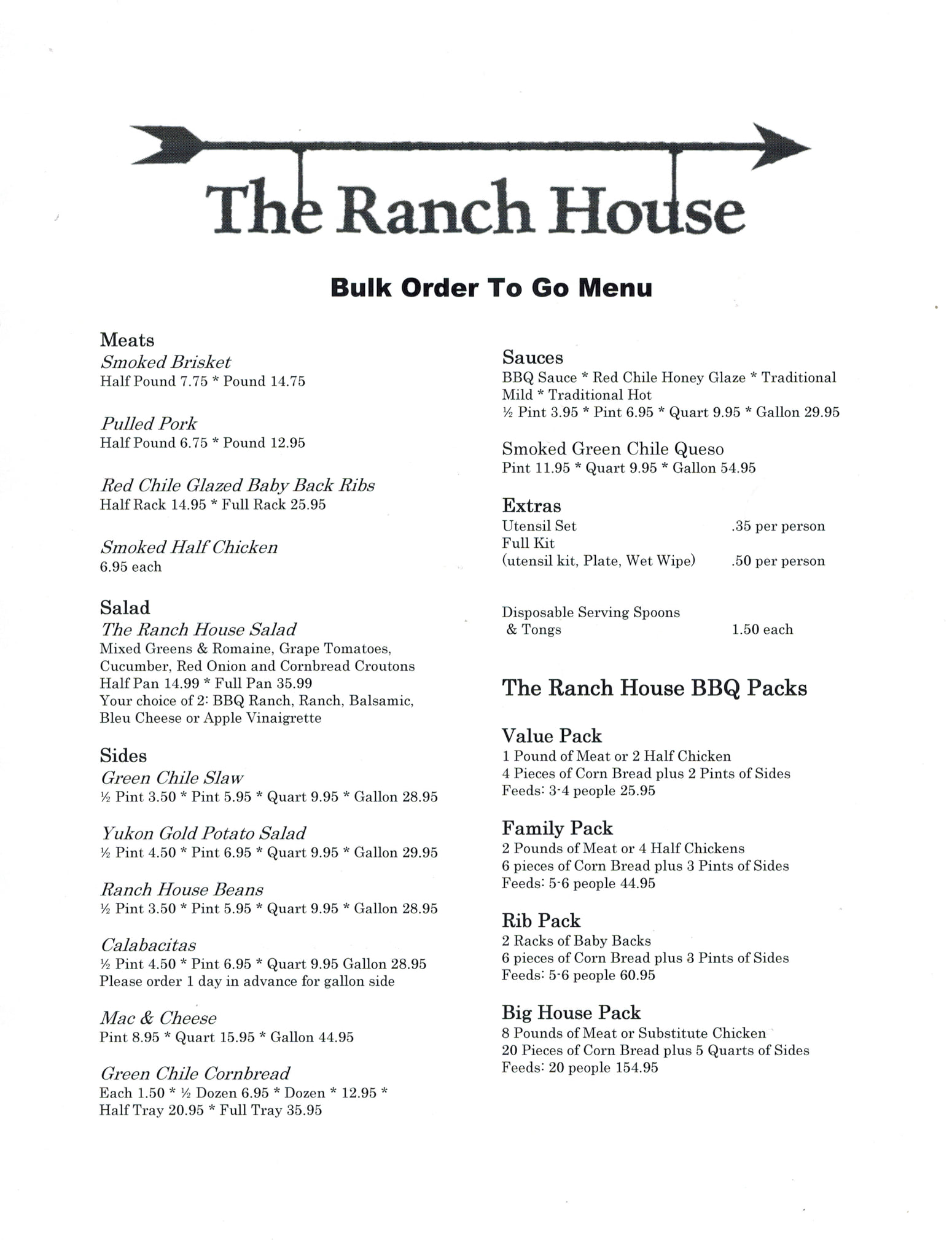 The Ranch House Menu