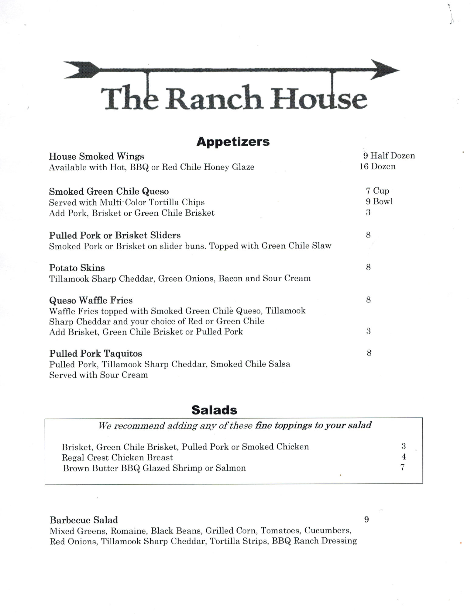 The Ranch House Menu