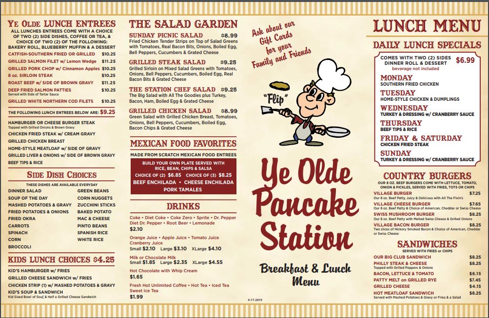 Ye Olde Pancake Station Menu