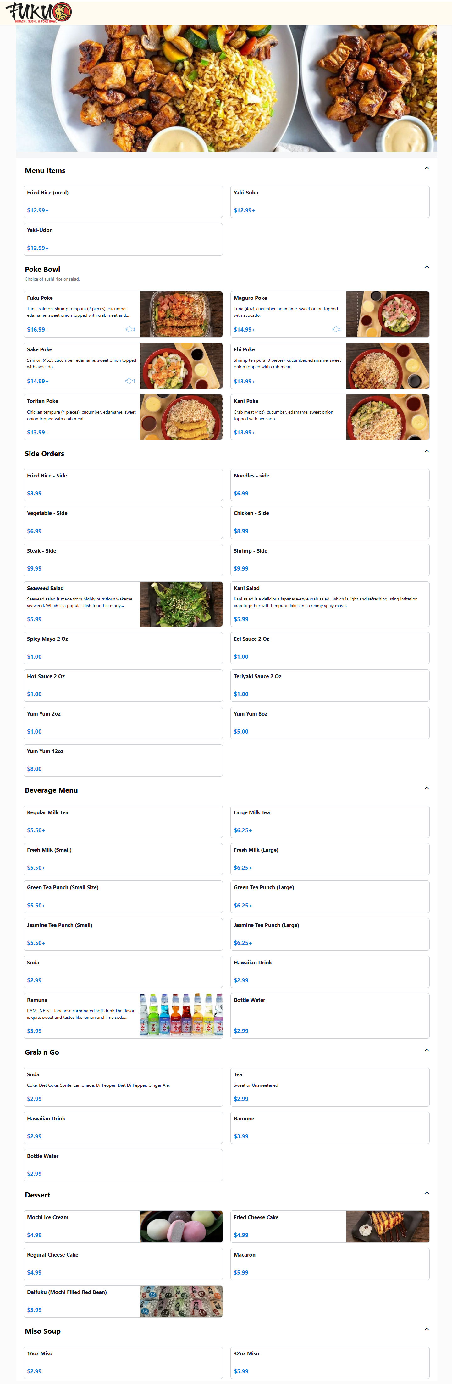 FUKU FUKU General Menu - Japanese Menu in Lowell, AR